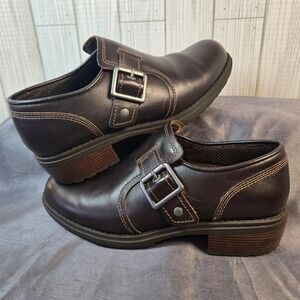 EASTLAND Women 7 Open Road Slip On Buckle Shoes Brown Leather Block Heel